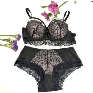 Black lace lingerie push up bra and panties set 36B